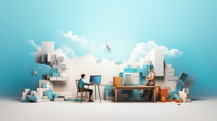 Software developers working together on a coding project, realistic textures, accurate lighting and shadows, crisp lines, high detail, image size 5824x3264, light-colored background with empty space