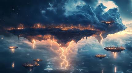 Canvas Print - A sentient storm cloud city with lightning bridges connecting floating islands, atmospheric digital painting. Sentient Storms. Illustration