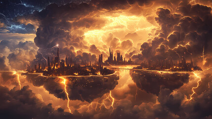 Canvas Print - A sentient storm cloud city with lightning bridges connecting floating islands, atmospheric digital painting. Sentient Storms. Illustration