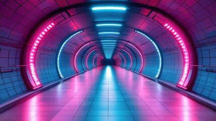 Wall Mural - Futuristic neon-lit tunnel interior.