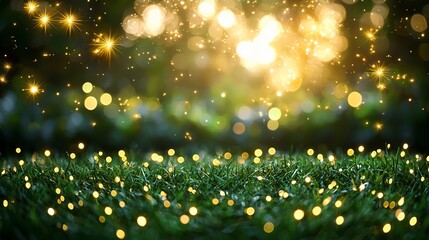 Canvas Print - Magical night, glowing grass, fairy lights, bokeh background, festive