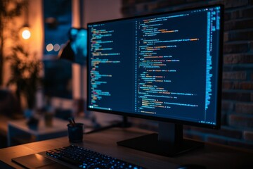 Night coder writing code on desktop in home office