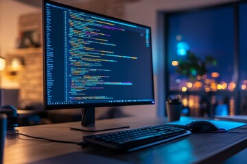 night coder coding on desktop, city view