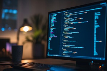 Night coder coding software on desktop computer
