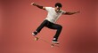 © Skyfe - Dynamic Young Black Male Skateboarder Trick Coral Background
