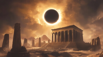 Wall Mural - Solar eclipse, with ancient civilizations. Solar Eclipse Temples. Illustration