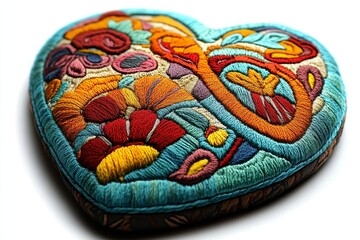 A colorful embroidered heart patch featuring a layered design, ideal for clothing embellishment or craft projects. It serves as a sewing and DIY accessory