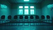 Row of chairs are lined up in a room with a blue tint