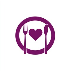 Wall Mural - Simple purple plate with fork, spoon, and heart - Restaurant logo concept