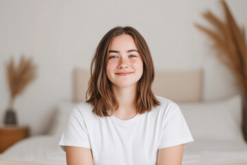 Wall Mural - Smiling Young Woman in White T-Shirt Posing in Minimalist Interior – Natural Beauty and Confidence