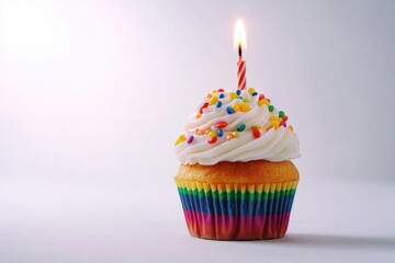 Wall Mural - Colorful Rainbow Cupcake with Candle