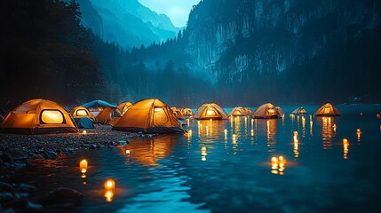 Canvas Print - Night camping lake, tents glowing, mountain backdrop, serene scene