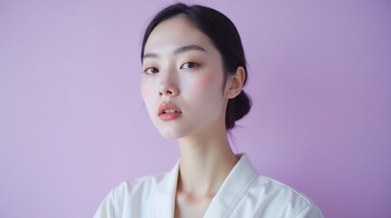 Wall Mural - A person in a white shirt against a purple background.