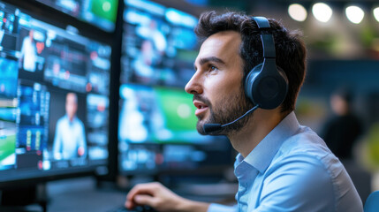 Leinwandbilder - A man wearing headphones is looking at a computer monitor