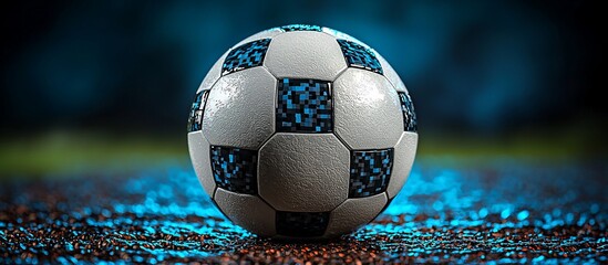 Wall Mural - A close-up of a soccer ball resting on a vibrant, illuminated surface with a blurred background