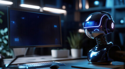 Fototapete - The robot is wearing headphones and he is ready to assist someone