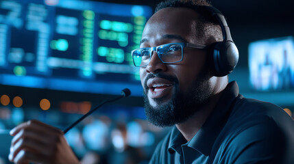 Fototapete - A man wearing glasses and headphones is looking at a screen