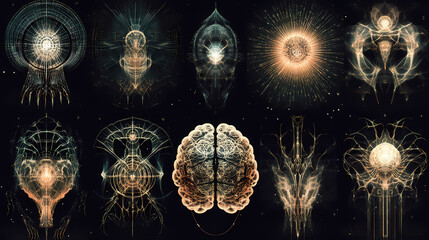 Wall Mural - Set of a human brain radiating concept, symbolizing the growth of knowledge with fractal and digital elements, generative ai inspiration, on a transparent backgrounds. Fractal Beasts. Illustration