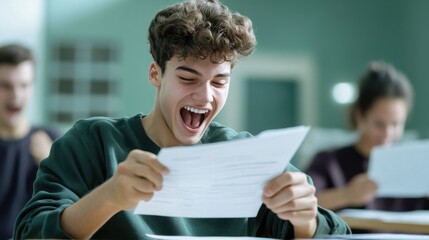 Leinwandbilder - A young man is smiling and laughing while reading a piece of paper