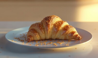 Classic French croissant on a crisp white plate with scattered crumbs, highlighting its flaky golden texture and artisanal quality