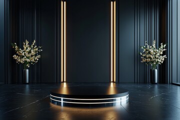 Poster - A black room with a round pedestal in the center