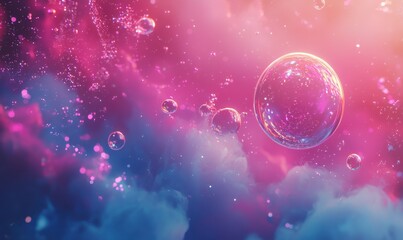 ethereal bubbles of glowing pink and blue light floating in a digital cosmic background.
