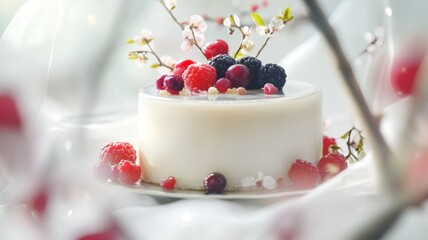 Wall Mural - White chocolate cake with mirror glaze and colorful berries, captured through foreground objects for a layered, immersive composition. A soft blur of glassware, delicate branches