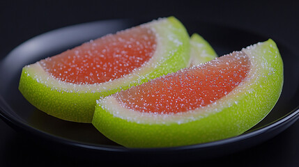 Canvas Print - Sliced citrus fruit segments, showcasing vibrant red pulp and green rind, sprinkled with glistening sugar crystals.