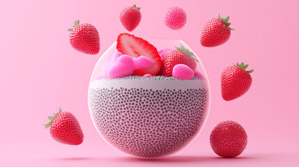 Sticker - Strawberry chia seed pudding dessert, served in glass bowl, with floating strawberries against a pink backdrop.