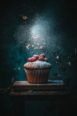 Poster - Raspberry cupcake on a wooden board, dusted with powder against a dark, moody background.