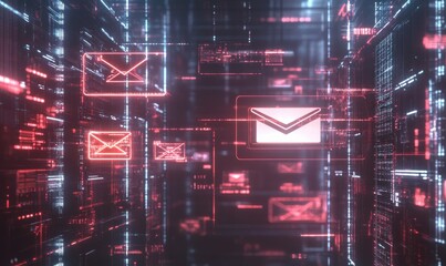Glowing email icons against a sleek, modern digital grid, representing seamless communication technology.
