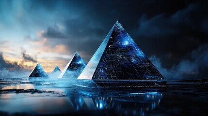 Poster - Three pyramids are floating in the water with a city in the background