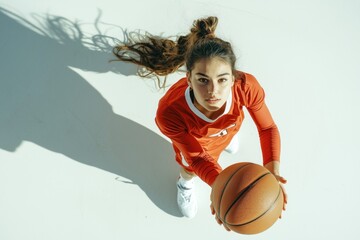 An Arabic female basketball player stands ready for a shot with a basketball in her hands, showcasing focus and determination in a gym