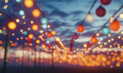 Wall Mural - vibrant and colorful strings of festive lights glowing against a twilight sky, styled to evoke joyfu