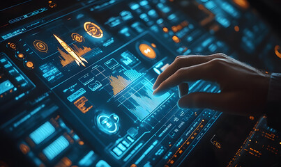 Futuristic Digital Interface Data Analysis Showing Rocket Launch Metrics and Progress