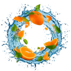 Aufkleber - Water splash in abstract shape with fresh orange pieces 