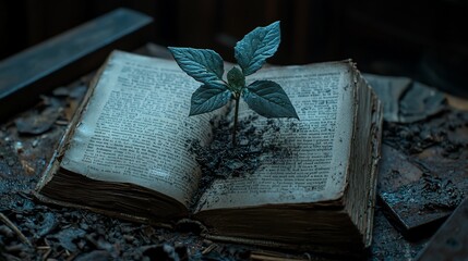 Wall Mural - Plant sprouting from old book in ruins; rebirth, nature reclaiming