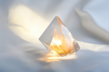 Poster - Diamond shaped glass object reflects light on silky fabric