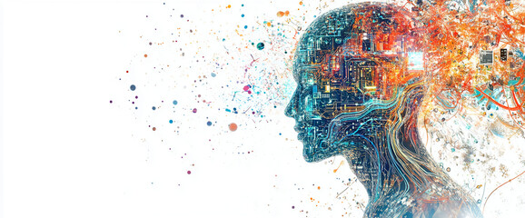 A digital art representation of the human head formed by intricate circuits and abstract elements, symbolizing the fusion of technology, innovation, and human intelligence.