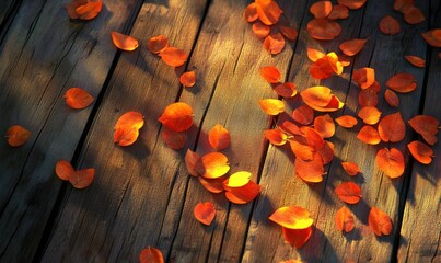 Wall Mural - vibrant orange autumn leaves illuminated by golden sunlight, scattered across a textured wooden surf