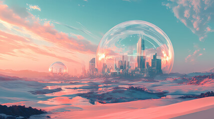 Wall Mural - A futuristic city under a glass dome surrounded by a desert landscape illustration. generative ai. Glass Domed Utopias. Illustration