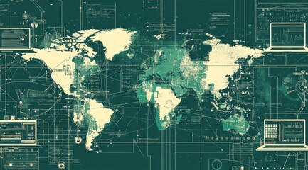 global network data flows, worldwide map background