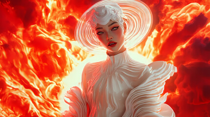 Wall Mural - Futuristic woman in surreal wavy white outfit in front of fiery background. Otherworldly Carnival. Illustration