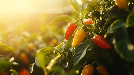 Wall Mural - Close-up of red and yellow chili peppers growing on a plant with sunlight shining through, highlighting fresh vegetables and organic farming in a healthy garden setting