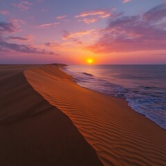 Wall Mural - Solitary sand dune with intricate patterns carved by the wind under a vibrant pink and orange sunset sky