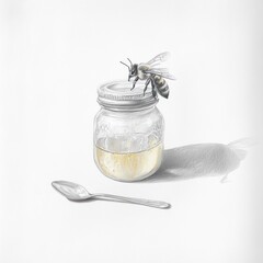 Poster - Honey jar with bee, still life illustration