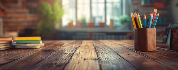 Poster - Wooden desk showing creative workspace with pencils and books