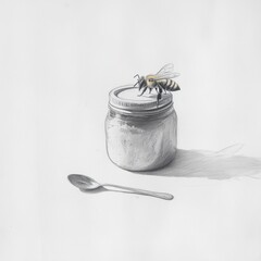 Poster - Honey jar with bee, still life drawing, white background. Possible use educational material, art reference, product photography