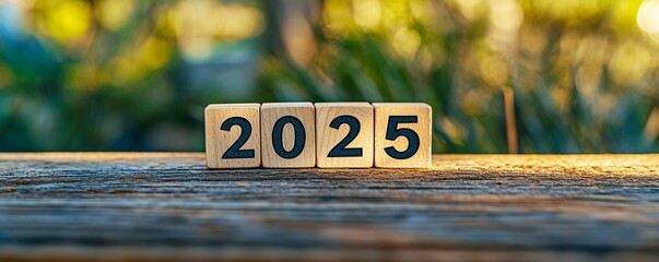 Poster - Wooden cubes showing year 2025 on natural background