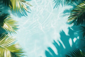 A sandy shore dotted with tropical palm leaves casting shadows. The shadow of a green palm leaf falls on the white sand of an ocean beach. Ideal tropical setting for a summer beach vacation. Calm